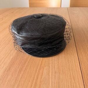 Dior Leather Veiled Beret Black Gold Logo w/ Box